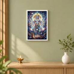 Krishna Vishwaroop Cosmic Form Universe Epic Spiritual Art Photo Frame — white frame distant wall