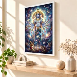 Krishna Vishwaroop Cosmic Form Universe Epic Spiritual Art Photo Frame — white frame warm console
