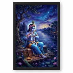 Krishna Yamuna Bank Dusk Flute Ethereal Blue Painting Photo Frame — black frame clean