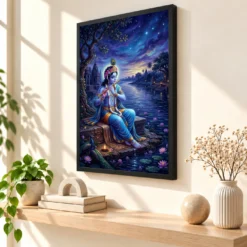 Krishna Yamuna Bank Dusk Flute Ethereal Blue Painting Photo Frame — black frame console