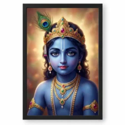 Lord Krishna Devotional Portrait Peacock Feather Crown Art Photo Frame — black frame clean