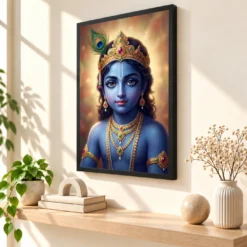 Lord Krishna Devotional Portrait Peacock Feather Crown Art Photo Frame — black frame console