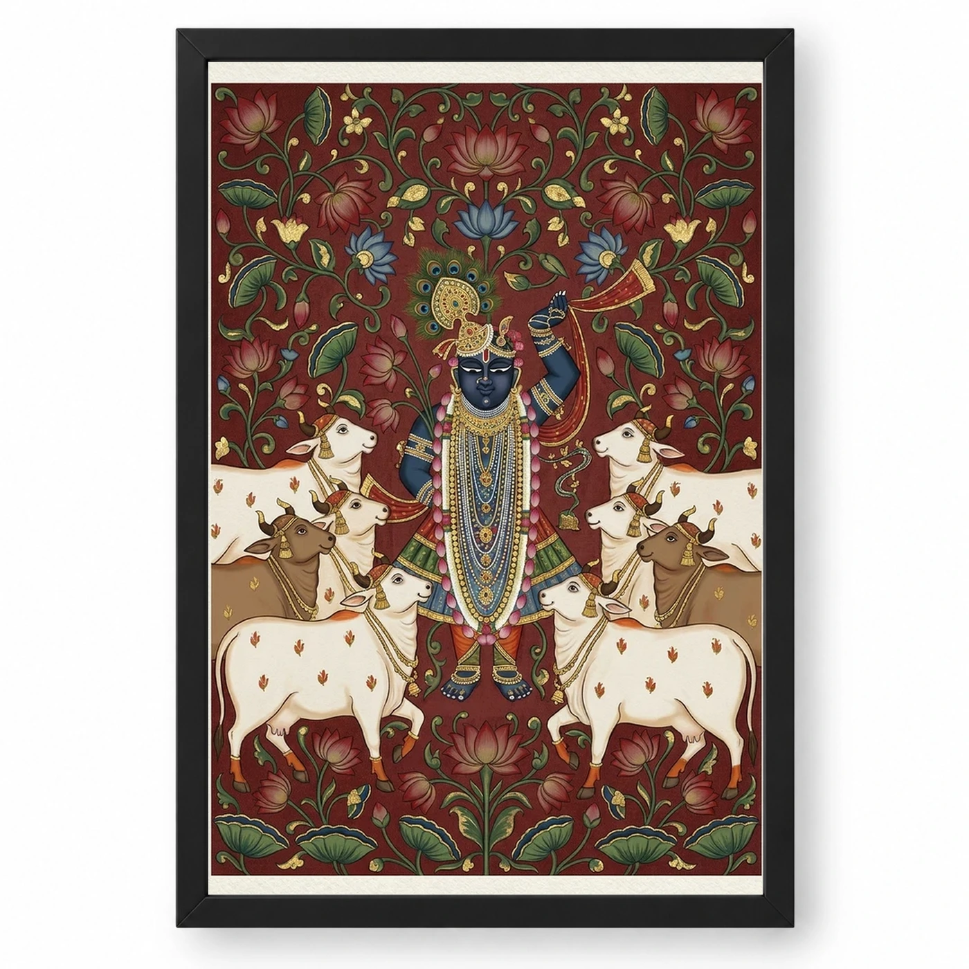 Lord Krishna Pichwai Painting Cows Nathdwara Style Art Photo Frame 1 Lord Krishna Pichwai Painting Cows Nathdwara Style Art Photo Frame — black frame clean
