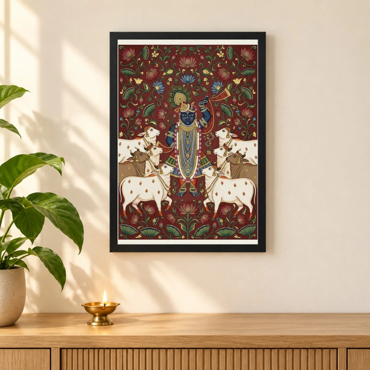 Lord Krishna Pichwai Painting Cows Nathdwara Style Art Photo Frame 3 Lord Krishna Pichwai Painting Cows Nathdwara Style Art Photo Frame — black frame pooja shelf