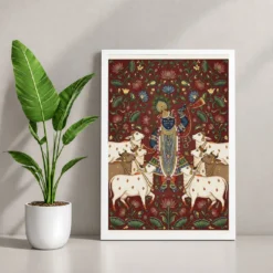 Lord Krishna Pichwai Painting Cows Nathdwara Style Art Photo Frame 12 Lord Krishna Pichwai Painting Cows Nathdwara Style Art Photo Frame — white frame console