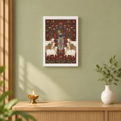 Lord Krishna Pichwai Painting Cows Nathdwara Style Art Photo Frame 14 Lord Krishna Pichwai Painting Cows Nathdwara Style Art Photo Frame — white frame distant wall