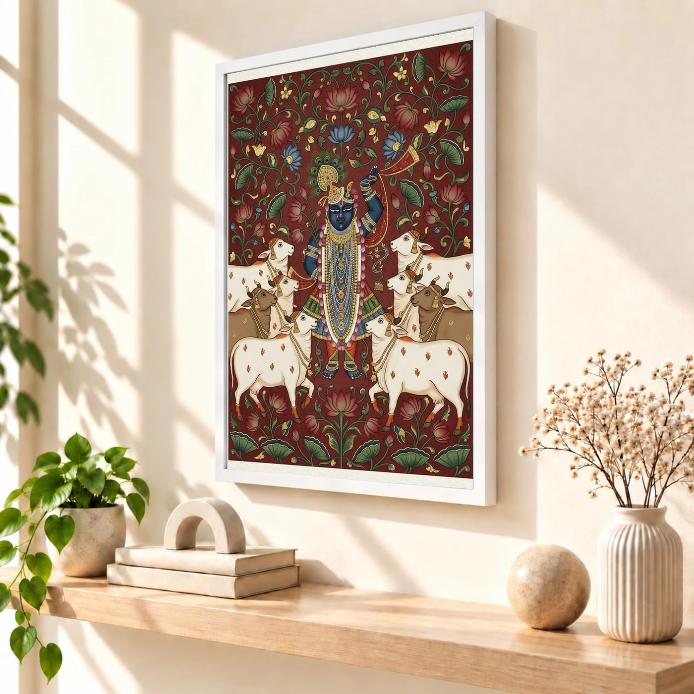 Lord Krishna Pichwai Painting Cows Nathdwara Style Art Photo Frame 7 Lord Krishna Pichwai Painting Cows Nathdwara Style Art Photo Frame — white frame warm console