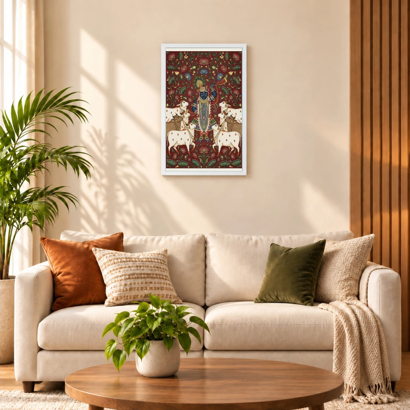Lord Krishna Pichwai Painting Cows Nathdwara Style Art Photo Frame 9 Lord Krishna Pichwai Painting Cows Nathdwara Style Art Photo Frame — white frame sofa