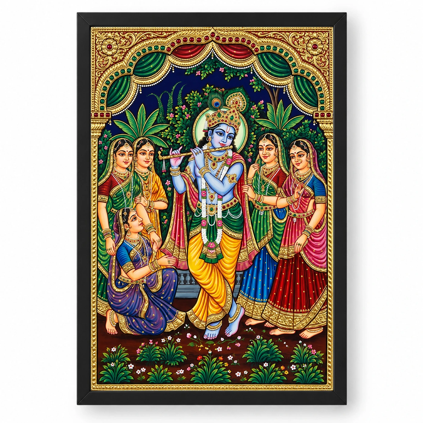 Lord Krishna Tanjore Painting Gopis Gold South Indian Art Photo Frame 1 Lord Krishna Tanjore Painting Gopis Gold South Indian Art Photo Frame — black frame clean