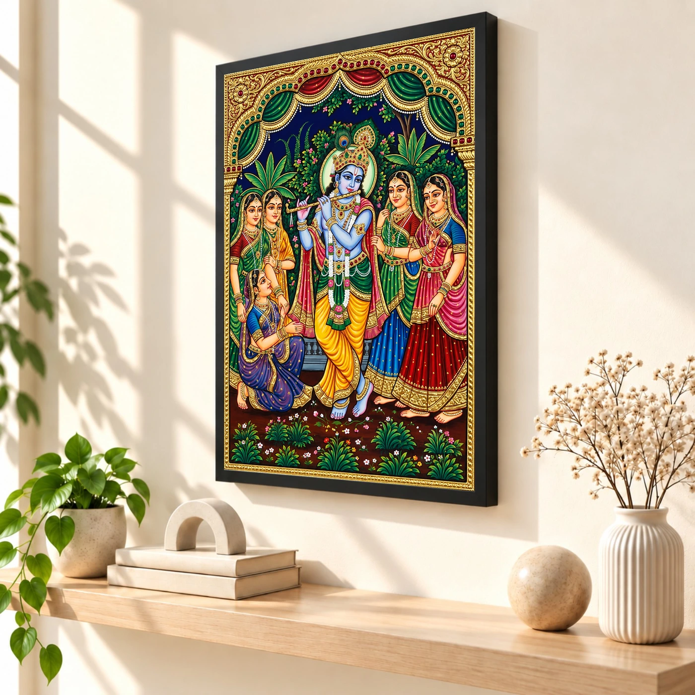 Lord Krishna Tanjore Painting Gopis Gold South Indian Art Photo Frame 2 Lord Krishna Tanjore Painting Gopis Gold South Indian Art Photo Frame — black frame console