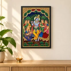 Lord Krishna Tanjore Painting Gopis Gold South Indian Art Photo Frame 11 Lord Krishna Tanjore Painting Gopis Gold South Indian Art Photo Frame — black frame pooja shelf
