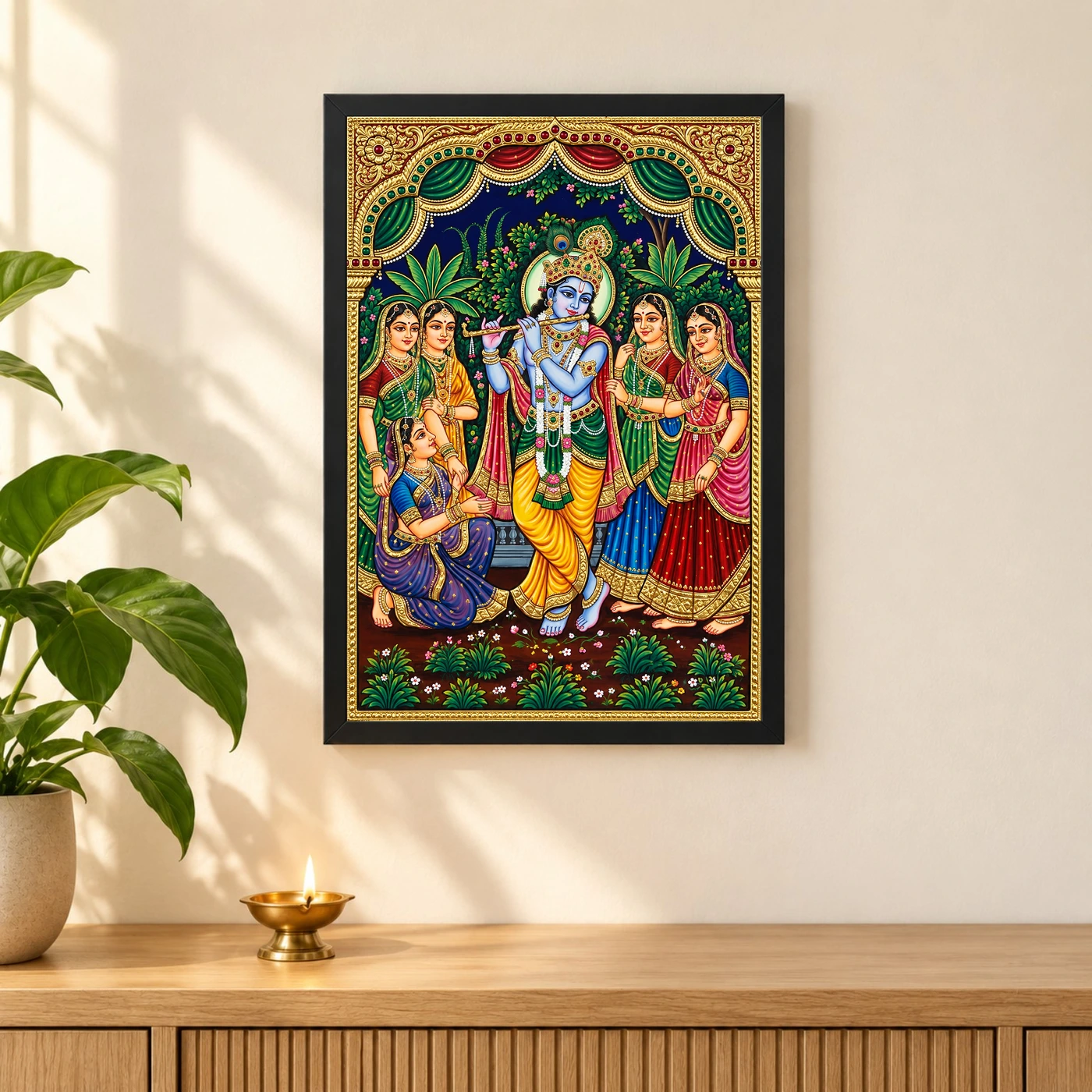 Lord Krishna Tanjore Painting Gopis Gold South Indian Art Photo Frame 3 Lord Krishna Tanjore Painting Gopis Gold South Indian Art Photo Frame — black frame pooja shelf