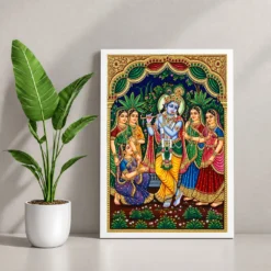 Lord Krishna Tanjore Painting Gopis Gold South Indian Art Photo Frame 12 Lord Krishna Tanjore Painting Gopis Gold South Indian Art Photo Frame — white frame console