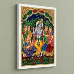 Lord Krishna Tanjore Painting Gopis Gold South Indian Art Photo Frame 13 Lord Krishna Tanjore Painting Gopis Gold South Indian Art Photo Frame — white frame angled wall