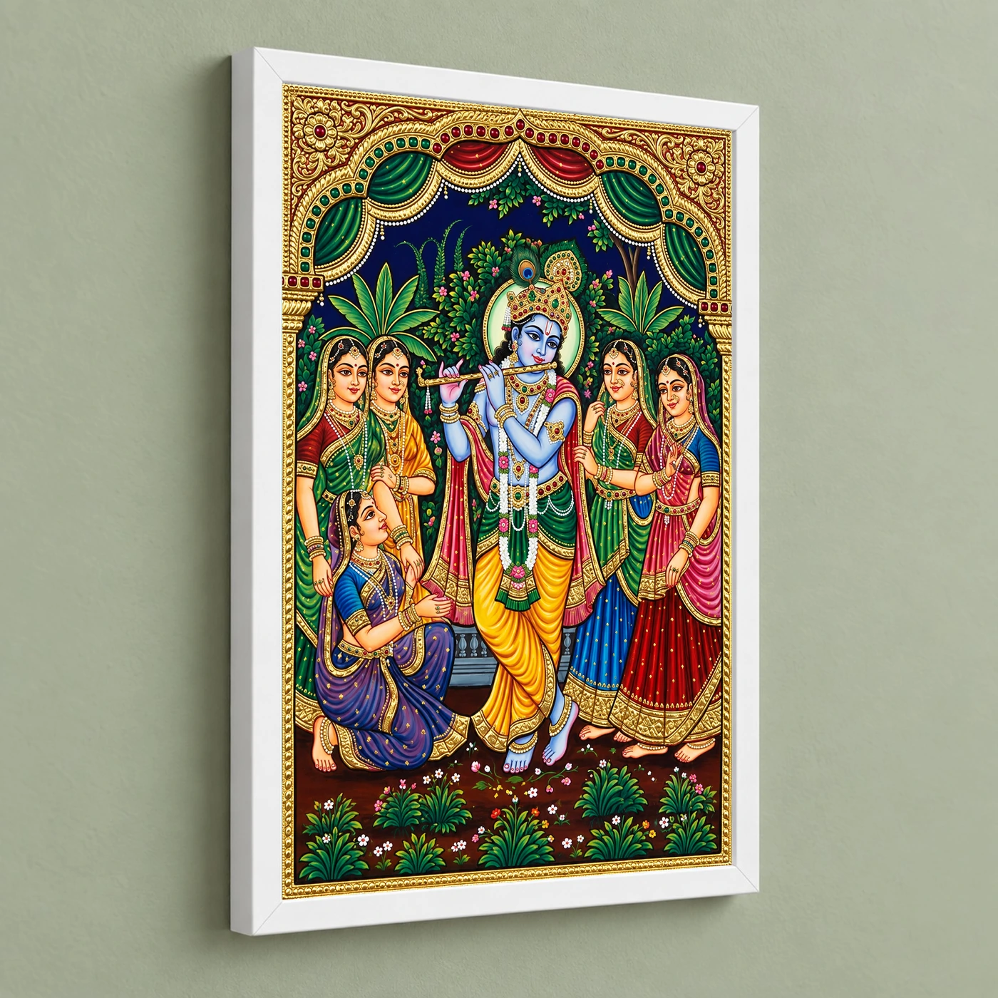 Lord Krishna Tanjore Painting Gopis Gold South Indian Art Photo Frame 5 Lord Krishna Tanjore Painting Gopis Gold South Indian Art Photo Frame — white frame angled wall