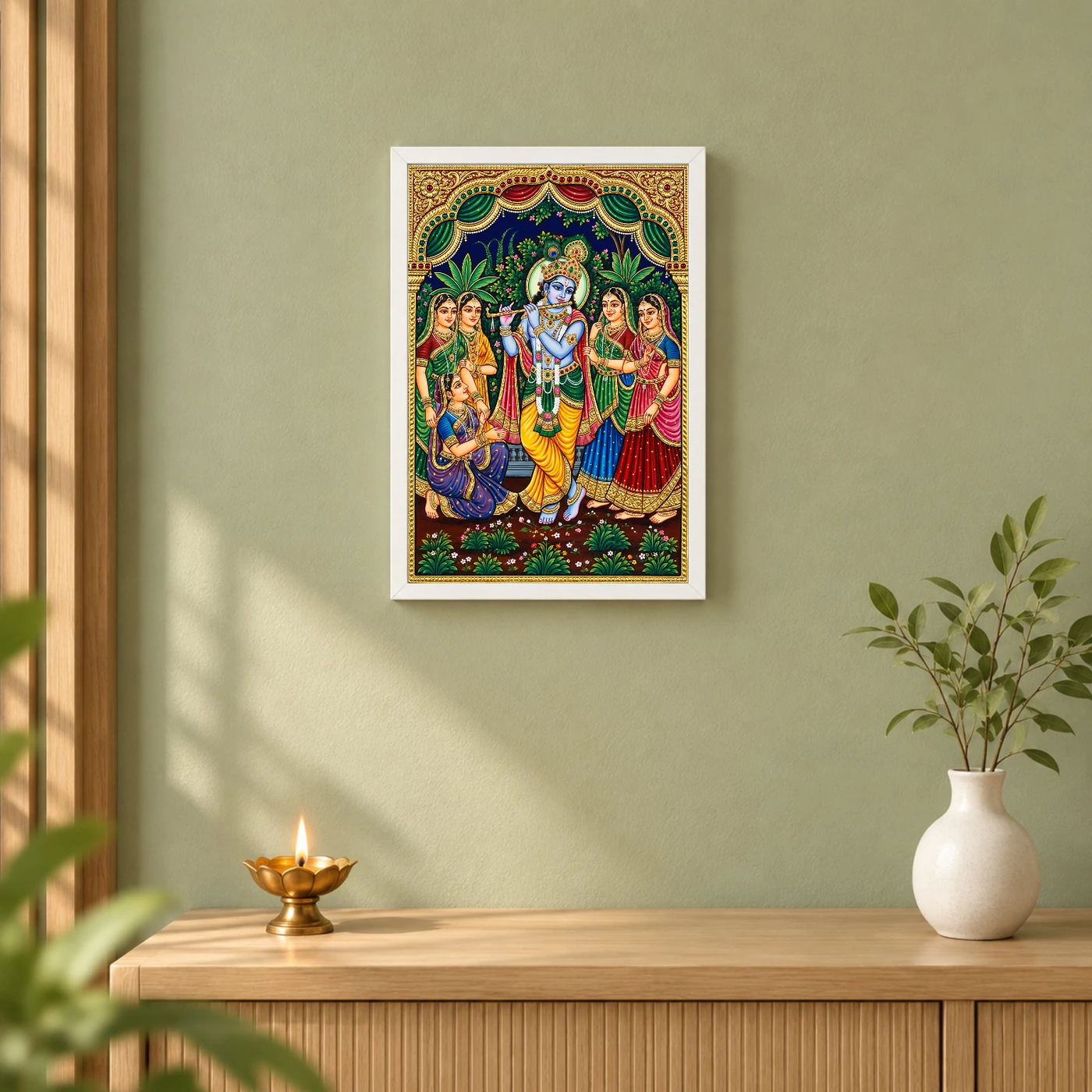 Lord Krishna Tanjore Painting Gopis Gold South Indian Art Photo Frame 6 Lord Krishna Tanjore Painting Gopis Gold South Indian Art Photo Frame — white frame distant wall