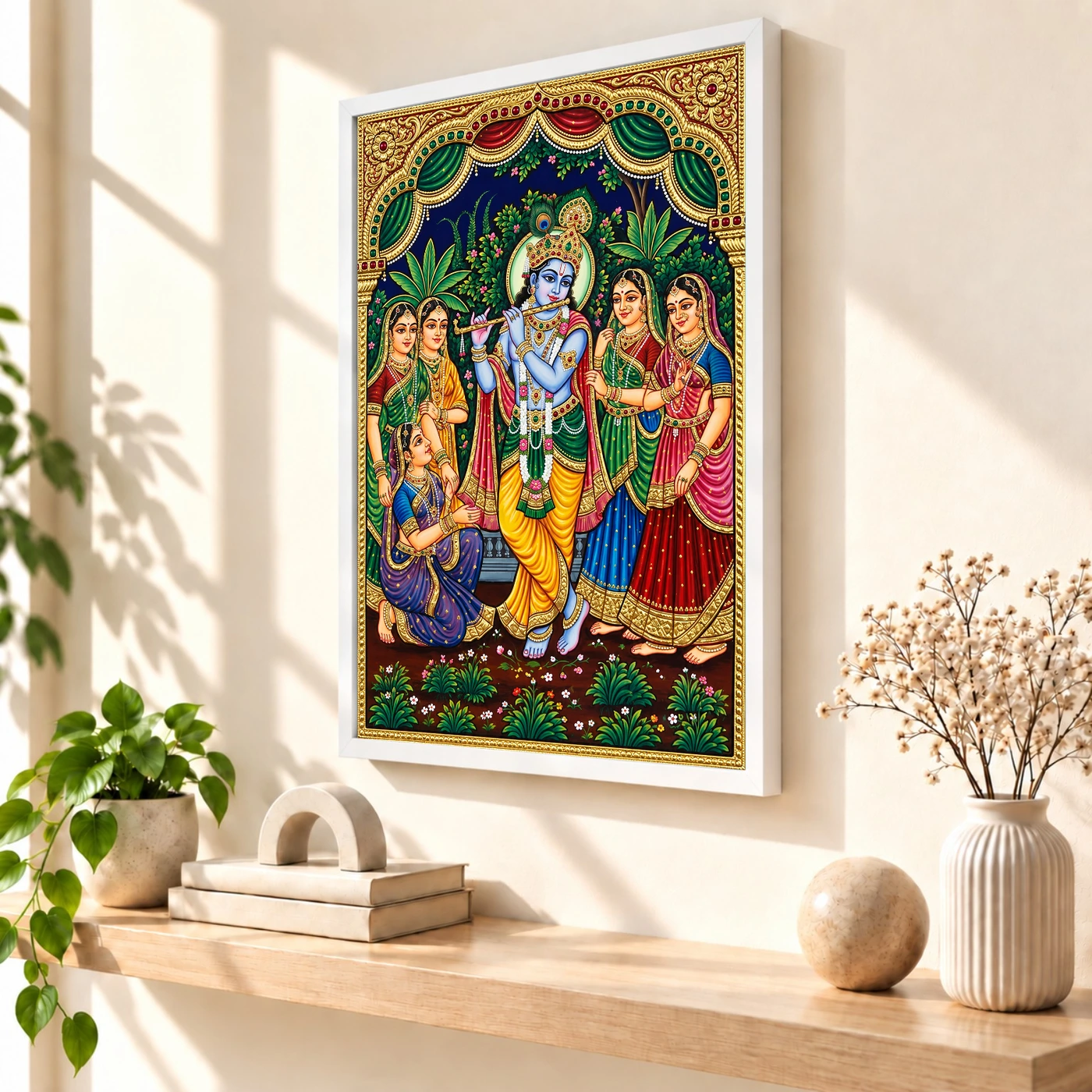 Lord Krishna Tanjore Painting Gopis Gold South Indian Art Photo Frame 7 Lord Krishna Tanjore Painting Gopis Gold South Indian Art Photo Frame — white frame warm console
