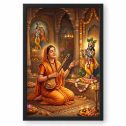 Meera Bai Krishna Devotion Bhakti Saffron Spiritual Art Photo Frame — black frame clean