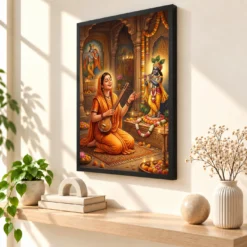 Meera Bai Krishna Devotion Bhakti Saffron Spiritual Art Photo Frame — black frame console