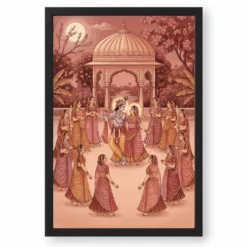 Radha Krishna Ras Leela Rajasthani Miniature Painting Photo Frame — black frame clean