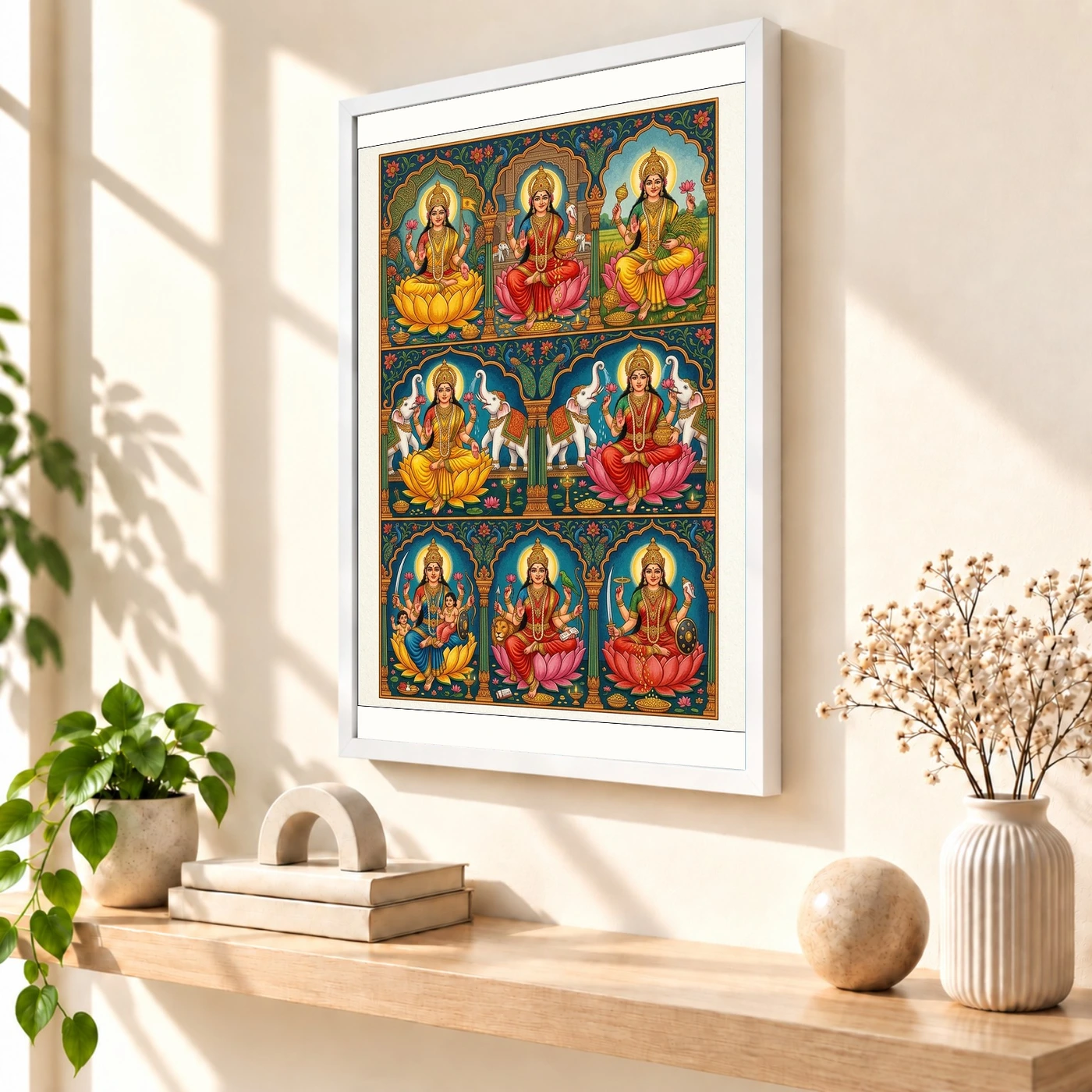 Ashtalakshmi Eight Forms Lakshmi Traditional Festival Art Photo Frame 7 Ashtalakshmi Eight Forms Lakshmi Traditional Festival Art Photo Frame — white frame warm console