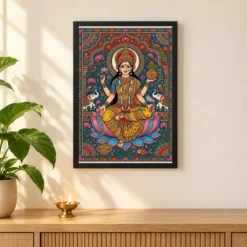 Goddess Lakshmi Madhubani Folk Art Bihar Vibrant Painting Photo Frame 11 Goddess Lakshmi Madhubani Folk Art Bihar Vibrant Painting Photo Frame — black frame pooja shelf