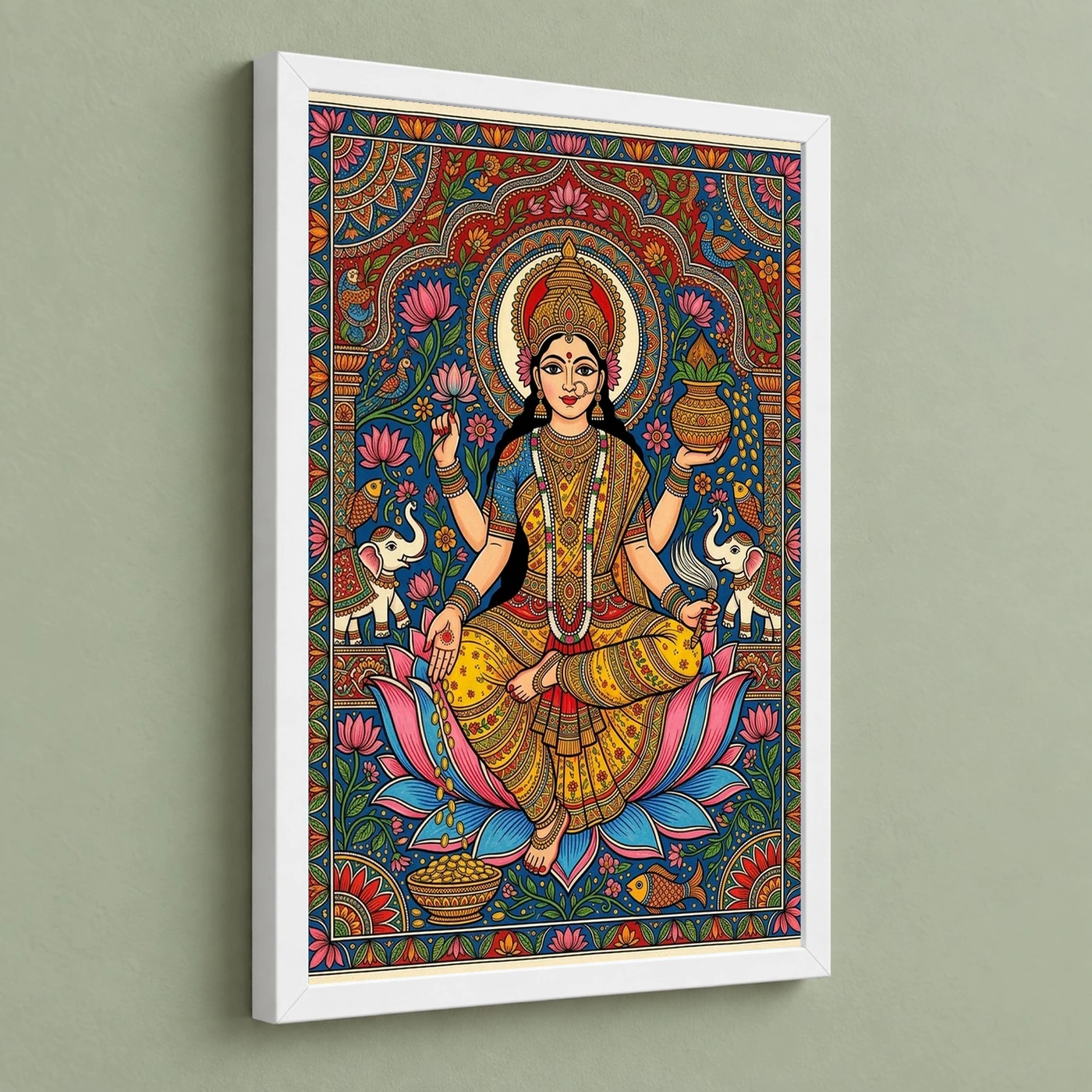 Goddess Lakshmi Madhubani Folk Art Bihar Vibrant Painting Photo Frame 5 Goddess Lakshmi Madhubani Folk Art Bihar Vibrant Painting Photo Frame — white frame angled wall