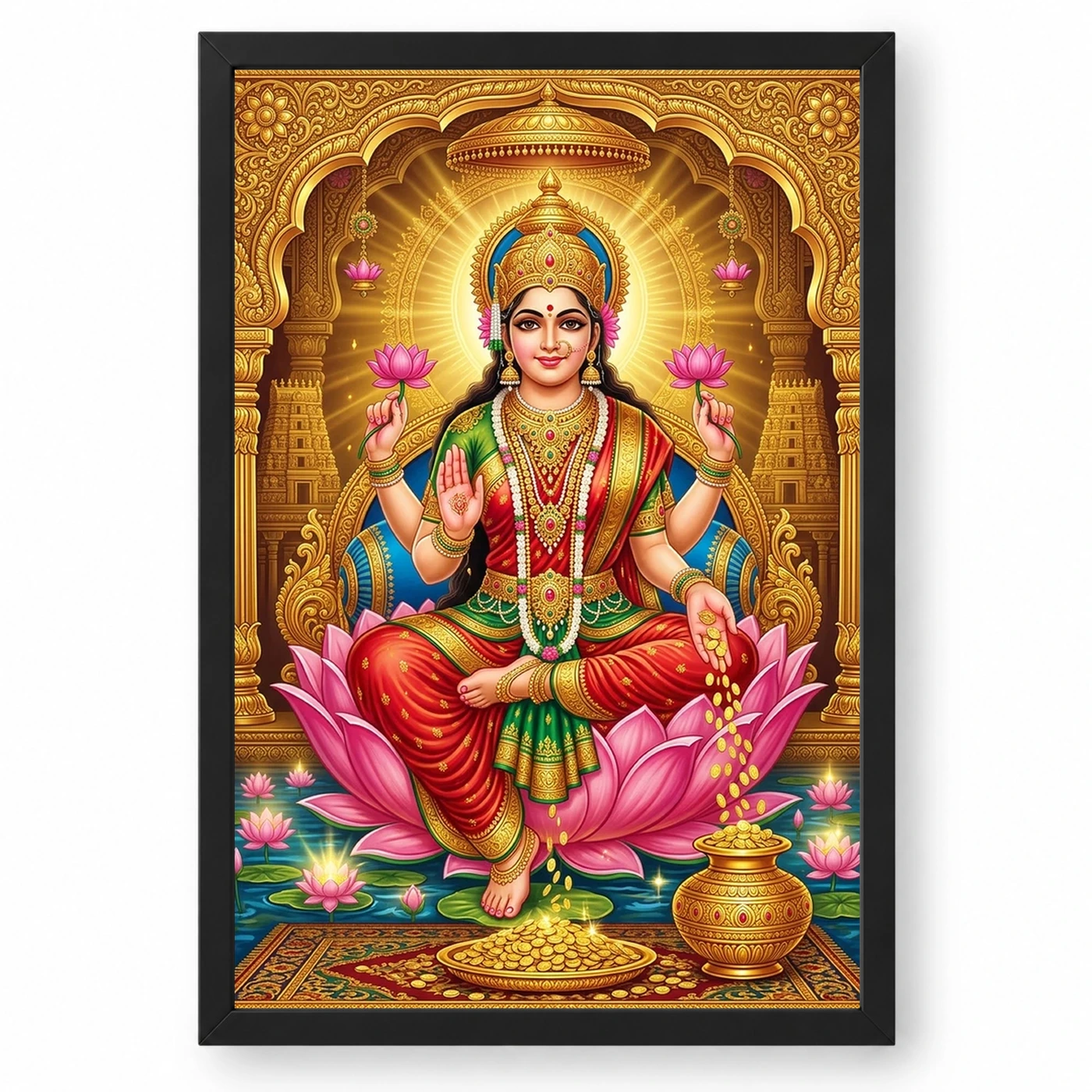 Goddess Lakshmi Tanjore Lotus Throne Gold Coins Divine Art Photo Frame 1 Goddess Lakshmi Tanjore Lotus Throne Gold Coins Divine Art Photo Frame — black frame clean