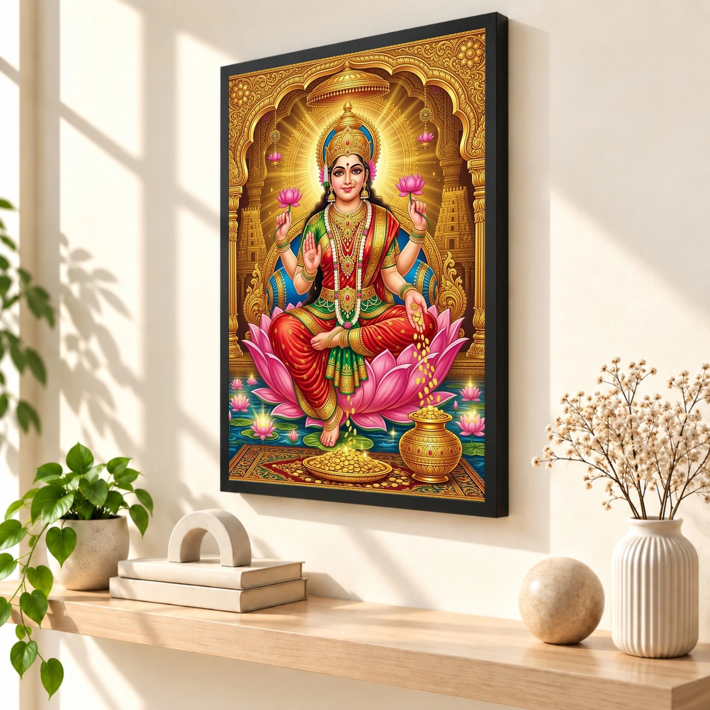 Goddess Lakshmi Tanjore Lotus Throne Gold Coins Divine Art Photo Frame 2 Goddess Lakshmi Tanjore Lotus Throne Gold Coins Divine Art Photo Frame — black frame console