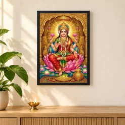 Goddess Lakshmi Tanjore Lotus Throne Gold Coins Divine Art Photo Frame 11 Goddess Lakshmi Tanjore Lotus Throne Gold Coins Divine Art Photo Frame — black frame pooja shelf
