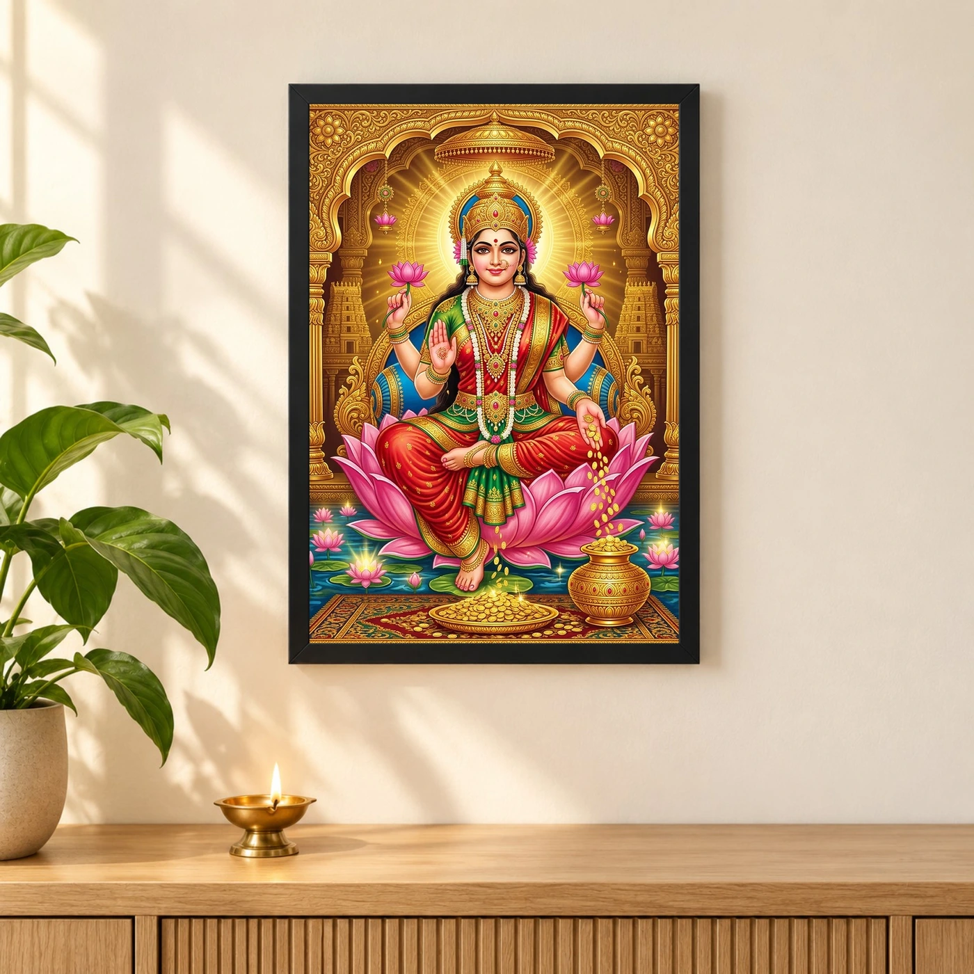 Goddess Lakshmi Tanjore Lotus Throne Gold Coins Divine Art Photo Frame 3 Goddess Lakshmi Tanjore Lotus Throne Gold Coins Divine Art Photo Frame — black frame pooja shelf