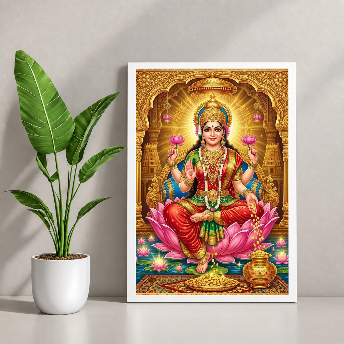 Goddess Lakshmi Tanjore Lotus Throne Gold Coins Divine Art Photo Frame 4 Goddess Lakshmi Tanjore Lotus Throne Gold Coins Divine Art Photo Frame — white frame console