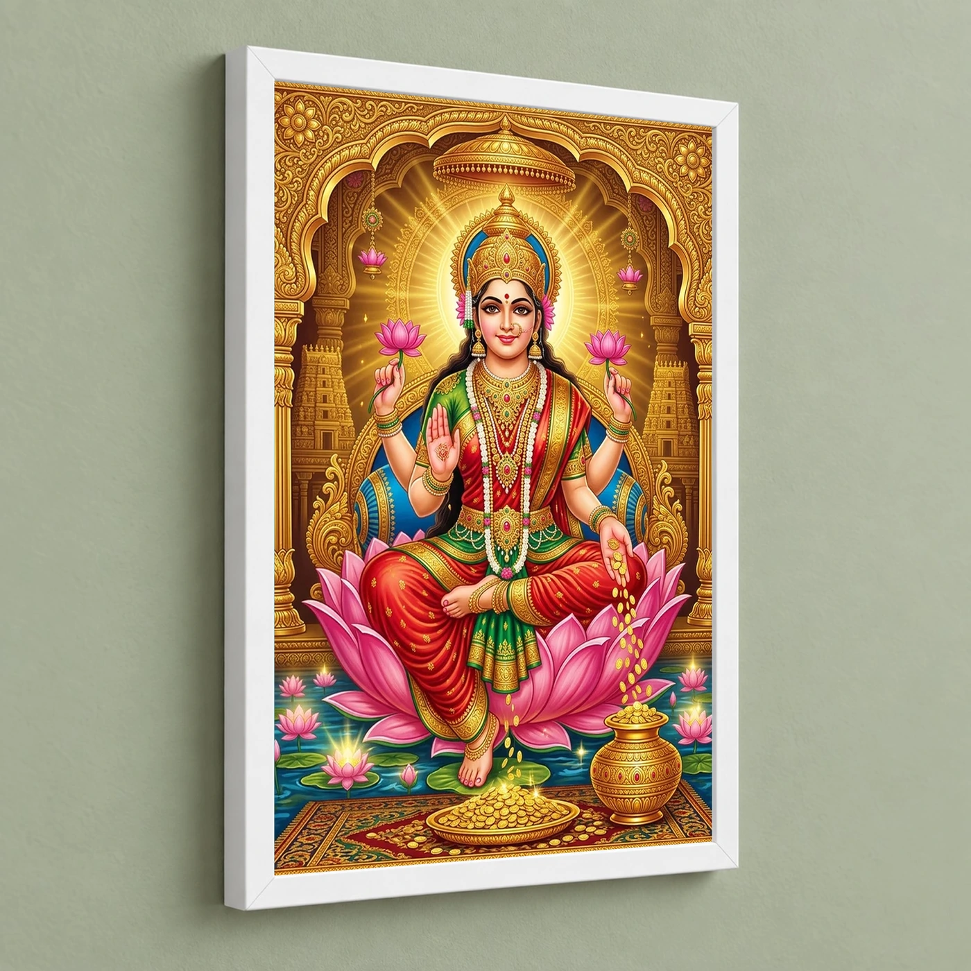 Goddess Lakshmi Tanjore Lotus Throne Gold Coins Divine Art Photo Frame 5 Goddess Lakshmi Tanjore Lotus Throne Gold Coins Divine Art Photo Frame — white frame angled wall