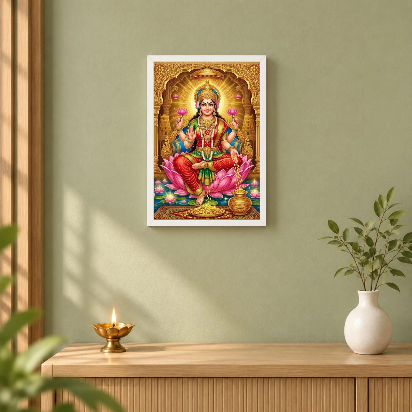Goddess Lakshmi Tanjore Lotus Throne Gold Coins Divine Art Photo Frame 6 Goddess Lakshmi Tanjore Lotus Throne Gold Coins Divine Art Photo Frame — white frame distant wall