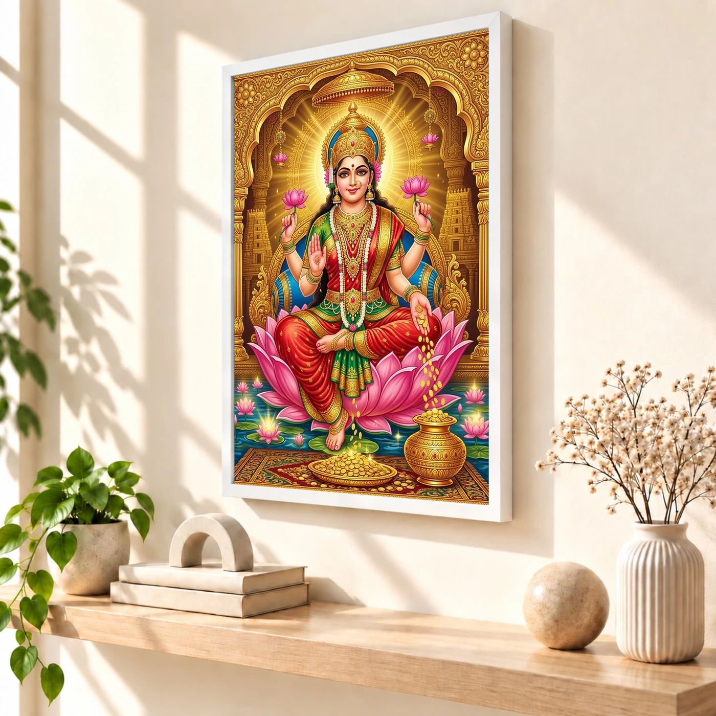 Goddess Lakshmi Tanjore Lotus Throne Gold Coins Divine Art Photo Frame 7 Goddess Lakshmi Tanjore Lotus Throne Gold Coins Divine Art Photo Frame — white frame warm console