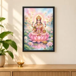 Goddess Lakshmi Watercolor Lotus Gold Butterfly Pink Art Photo Frame — black frame pooja shelf