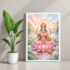 Goddess Lakshmi Watercolor Lotus Gold Butterfly Pink Art Photo Frame — white frame console