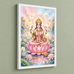Goddess Lakshmi Watercolor Lotus Gold Butterfly Pink Art Photo Frame — white frame angled wall