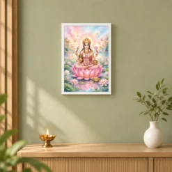 Goddess Lakshmi Watercolor Lotus Gold Butterfly Pink Art Photo Frame — white frame distant wall