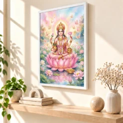 Goddess Lakshmi Watercolor Lotus Gold Butterfly Pink Art Photo Frame — white frame warm console