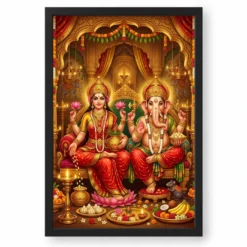 Lakshmi Ganesh Diwali Puja Gold Red Auspicious Festive Art Photo Frame — black frame clean