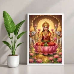 Lakshmi Gold Coins Prosperity Elephants Divine Abundance Art Photo Frame — white frame console
