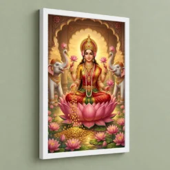 Lakshmi Gold Coins Prosperity Elephants Divine Abundance Art Photo Frame — white frame angled wall