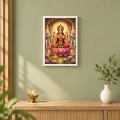 Lakshmi Gold Coins Prosperity Elephants Divine Abundance Art Photo Frame — white frame distant wall