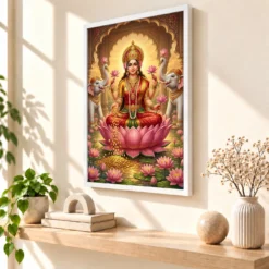 Lakshmi Gold Coins Prosperity Elephants Divine Abundance Art Photo Frame — white frame warm console