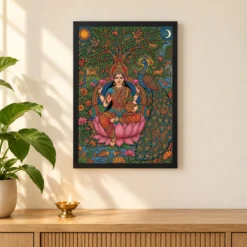 Lakshmi Gond Tribal Peacock Nature Vibrant Colorful Art Photo Frame — black frame pooja shelf