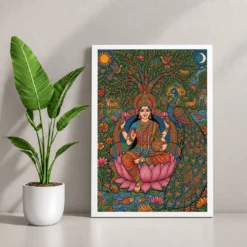 Lakshmi Gond Tribal Peacock Nature Vibrant Colorful Art Photo Frame — white frame console