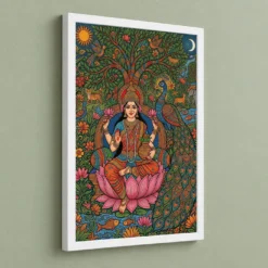 Lakshmi Gond Tribal Peacock Nature Vibrant Colorful Art Photo Frame — white frame angled wall