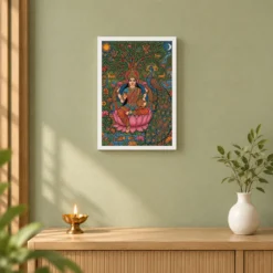 Lakshmi Gond Tribal Peacock Nature Vibrant Colorful Art Photo Frame — white frame distant wall