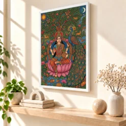 Lakshmi Gond Tribal Peacock Nature Vibrant Colorful Art Photo Frame — white frame warm console